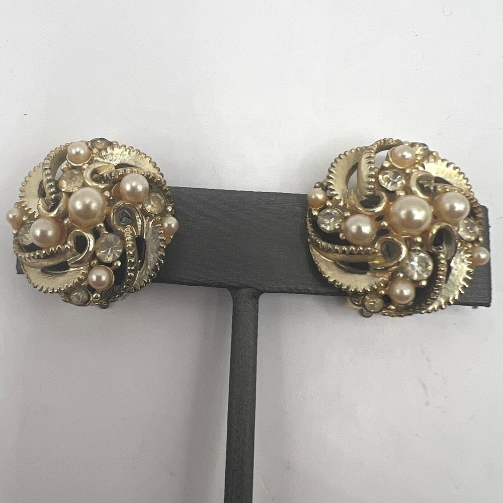 Vintage Clip On Round Earrings Rhinestone and Faux Pearl Gold Tone